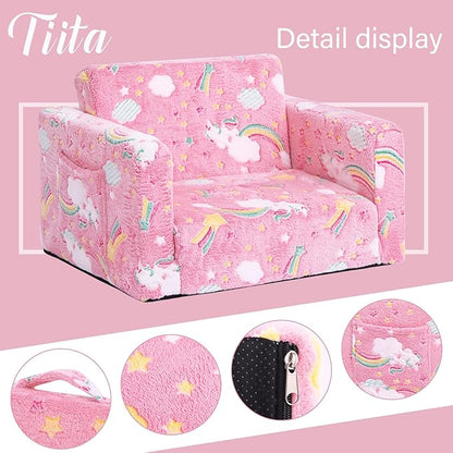 Tiita Kids Chair Couch, Folding Toddler Comfy Sofa Chairs, 2-in-1 Kids Plush Sofa Fold Out, Baby Armrest Chair Sofa to Lounger, Convertible Play Sofas to Bed for Girl or Boy, Pink Rainbow