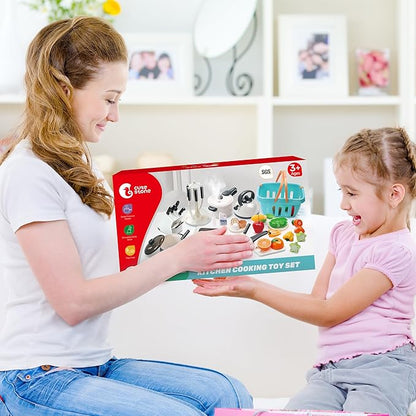 CUTE STONE Pretend Play Kitchen Toy with Cookware Steam Pressure Pot and Electronic Induction Cooktop, Cooking Utensils, Toy Cutlery, Cut Play Food, Shopping Basket Learning Toy for Girls Boys