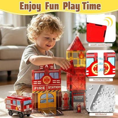 Fire Station Magnetic Tiles for Kids, Building Toys for Kids Ages 4-8 with Fire Truck, Firemen, Road Magnet Tiles. STEM Magnetic Blocks for Kids Ages 4-8, Building Toys for 4+ Year Old Boys Gifts