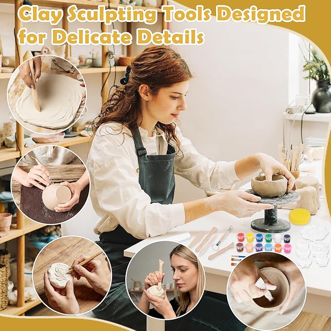 Texilo Air Dry Clay Kit for Adults, Pottery Starter Tools for Beginner, DIY Painting Making Set with Clay,Paints,Sculpting Tools,Varnish, Guide, Christmas Birthdays Gift for Arts Crafts Lover at Home