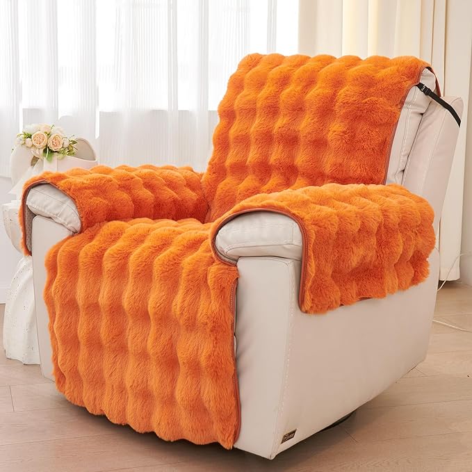 vctops Faux Fur Fluffy Recliner Chair Slipcover Faux Rabbit Fur Non Slip Sofa Cover Super Soft Plush Thick Couch Cover Furniture Protector with Elastic Straps for Kids, Dogs, Pets(Orange,24")