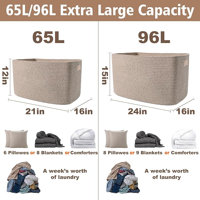 JMvicyroam Woven Blanket Basket,96L Large Storage Bin for Blankets Toys Clothes,Decorative Rope Basket for Living Room Bedroom with Handles, Oatmeal