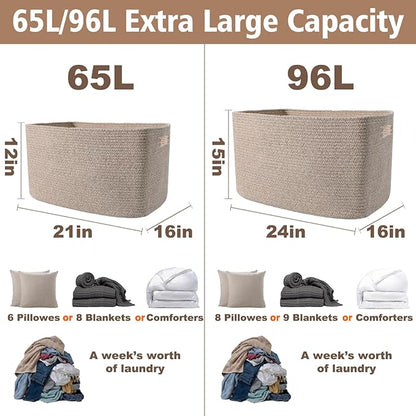 JMvicyroam Woven Blanket Basket,96L Large Storage Bin for Blankets Toys Clothes,Decorative Rope Basket for Living Room Bedroom with Handles, Oatmeal