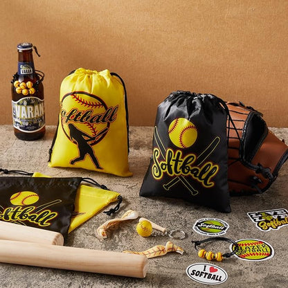 Jenaai 148 Pcs Softball Party Favors Include Softball Drawstring Bags Softball Charm Bracelets Softball Keychain Softball Hair Ties Softball Stickers, Softball Gifts for Women Birthday(Classic)