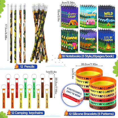 Zhanmai 140 Pcs Camping Party Favors Include Silicone Bracelets, Stickers, Camping Keychain, Badge, Camouflage Pencils, Spiral Camp Adventure Theme Notepads Drawstring Bags Mini Flashlight for Kids