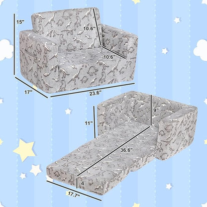 ALIMORDEN 2-in-1 Flip Out Cuddly Sherpa Toddler Couch, Convertible Sofa to Lounger, Glow in The Dark,Dinosaurs