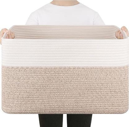 75L Large Cotton Rope Basket, Soft Toy Storage Bin for Nursery & Living Room, Decorative Blanket Basket for Bedroom, Baby-Safe Organizer for Pillows &Laundry, 22''×17''×12'', Brown and White