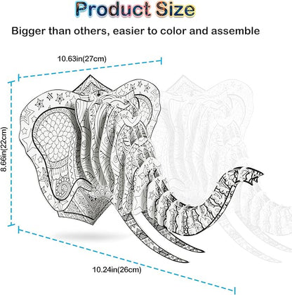 Hautton 3D Coloring Puzzle, Creative DIY Painting Puzzle Set Toy with 10 Coloring Pens, Fun Arts Crafts Gift for Kids Age 3 4 5 6 7 8 9 10 11 12 -Elephant