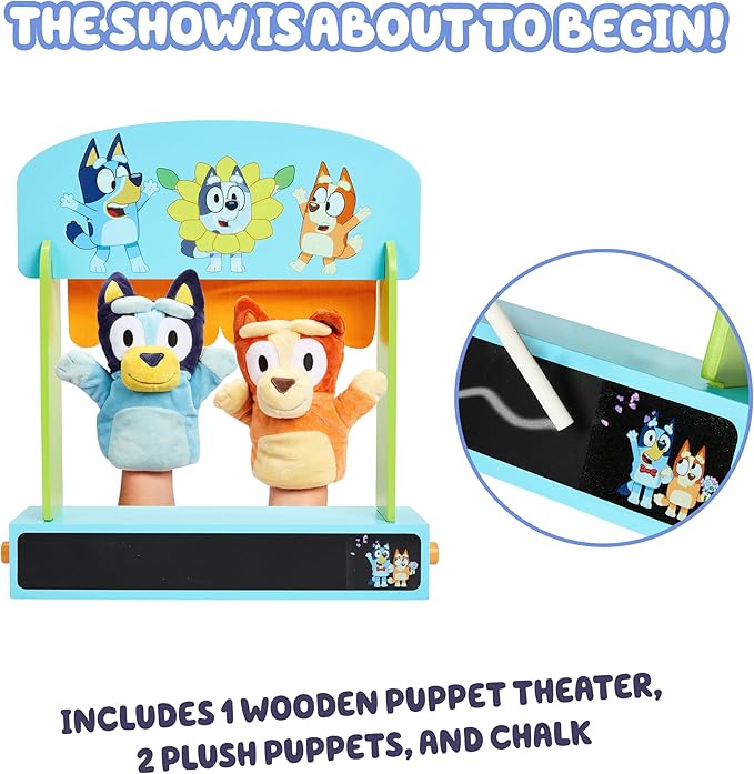 Bluey Wooden Puppet Theater for Kids Playset, 20" Kids Pretend Stage Puppets, Interchangeable Fabric Backdrops & Roll-Down Curtain