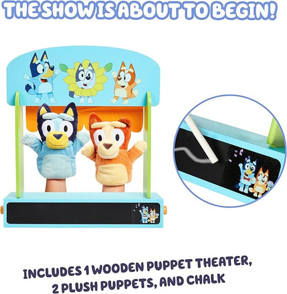 Bluey Wooden Puppet Theater for Kids Playset, 20" Kids Pretend Stage Puppets, Interchangeable Fabric Backdrops & Roll-Down Curtain