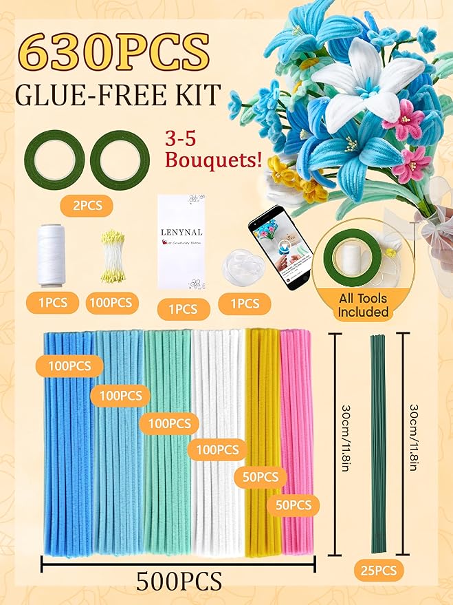 LENYNAL 500 Pcs Pastel Pipe Cleaners Craft Bulk, Blue Pipe Cleaner Flower Kit, Glue-Free & Safe for Kids, Step-by-Step Tutorial, 6 Colors Chenille Stems for Flower Making