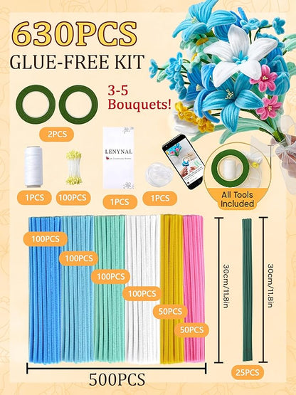 LENYNAL 500 Pcs Pastel Pipe Cleaners Craft Bulk, Blue Pipe Cleaner Flower Kit, Glue-Free & Safe for Kids, Step-by-Step Tutorial, 6 Colors Chenille Stems for Flower Making