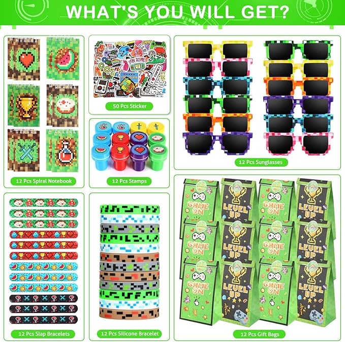 LiYiQ 122 Pcs Video Game Party Favors With Video Game Sunglasses Slap Bracelets Notebook Stamps Stickers and Gift Bag for Video Game Gamer Birthday Party Supplies