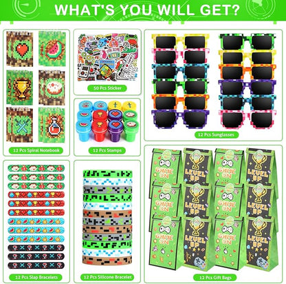 LiYiQ 122 Pcs Video Game Party Favors With Video Game Sunglasses Slap Bracelets Notebook Stamps Stickers and Gift Bag for Video Game Gamer Birthday Party Supplies