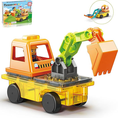 PicassoTiles Magnet Tiles Building Block 2-in-1 Excavator & Backhoe Brick Compatible Construction Playset with Car Base Magnetic Character Action Figure STEM Educational Learning Toy Kit Age 3+ PTU04