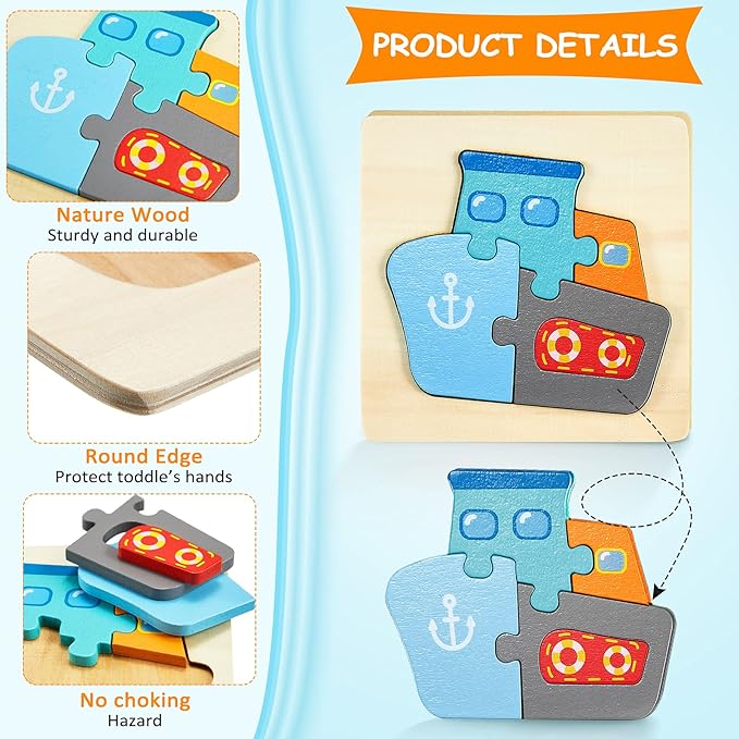 6 Pack Wooden Puzzles for Toddler 1-3 Years Old Wood Jigsaw Puzzles for Boys Montessori Games and Educational Toys for Kids Wooden Toddler Puzzles Present (Vehicle)