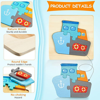 6 Pack Wooden Puzzles for Toddler 1-3 Years Old Wood Jigsaw Puzzles for Boys Montessori Games and Educational Toys for Kids Wooden Toddler Puzzles Present (Vehicle)