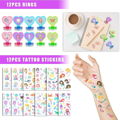 90 PCS Mermaid Party Favors for Girls Mermaid Birthday Supplies Bracelets Stampers Necklaces Rings Keychains Tattoo Stickers Post-it Notes Goodie Bags for Mermaid Birthday Party Supplies (Mermaid)
