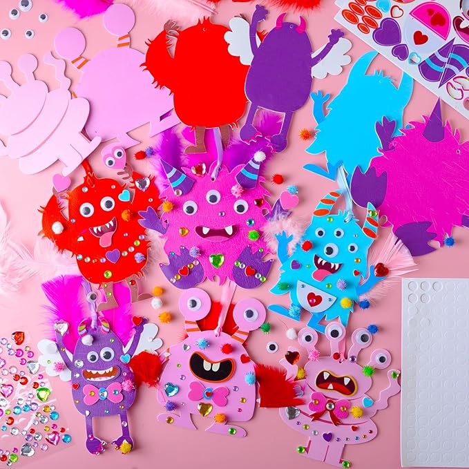 30 Sets Valentines Day Crafts for Kids, DIY Foam Monster Valentine Cards Craft Kit for Kids, Valentines Hanging Decorations Ornament Valentines Activities Supplies for School Classroom Home