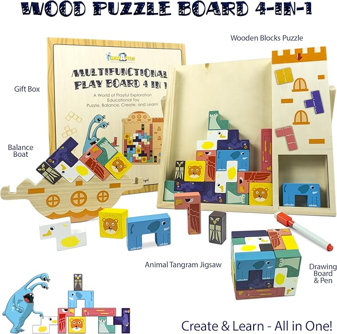 Wooden Blocks Puzzle 35 Pcs Tetra Tower Balance Stacking Board Game, Tangram Jigsaw Montessori Toys Team Building Blocks Family Games for Kids & Adults