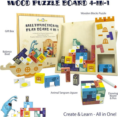 Wooden Blocks Puzzle 35 Pcs Tetra Tower Balance Stacking Board Game, Tangram Jigsaw Montessori Toys Team Building Blocks Family Games for Kids & Adults