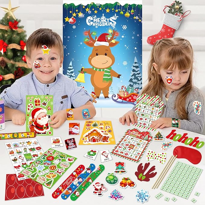 166Pcs Christmas Party Games for Kids Christmas Games 24 Player Christmas Bingo Game Pin Nose Game 24Pie Face Game Stickers Christmas Slap Bracelets Photo Props Christmas Games for Kids