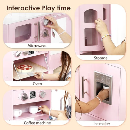 Wooden Play Kitchen for Toddlers and Kids with Lights & Sounds, Large Interactive Pretend Play Set with Ice Maker, Stove, Sink, Oven, 12 Accessories - Ages 3-8