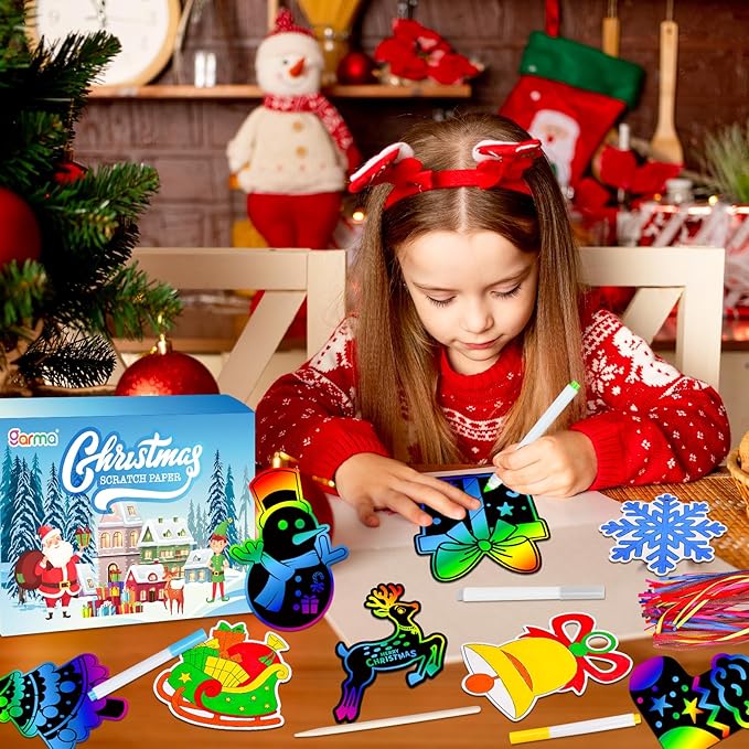 Garma 72Pcs Christmas Crafts Scratch Art for Kids, Rainbow Scratch Paper Christmas Ornaments Crafts Christmas Party Favors Toys Xmas Tree Ornaments Hanging Craft Art Kits