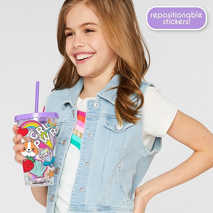 Just My Style DIY Sticker Tumbler, Style & Embellish Your Own BPA Free VSCO Glitter Water Tumbler, Reusable Stickers Included, Great Back To School Gift, Birthday Gift for Girls Ages 6, 7, 8, 9, 10