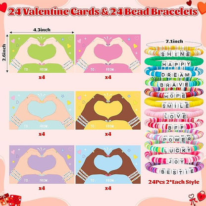 24 Pack Valentine’s Day Friendship Bracelets Card Gifts Set, Friendship Clay Beads Bracelet with Valentines Card Kids School Classroom Prizes Exchange Gift Valentines Party Favors Supplies