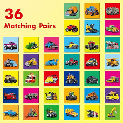 Hebayy Truck Matching Game, 72 PCS Traffic Memory Matching Cards for Toddlers 36 Pairs Transportation Memory Cards Educational Toys for Preschool Boys & Girls 4 5 6 Years Old