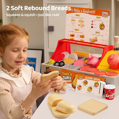 Play Kitchen Food Toy - 40 PCS Toss ‘n Toast Sandwich Making Set with Magic Slicer, Menu Guide and Panini Toy - Interactive Order & Takeout & Checkout Fun for Girls Boys Toddlers