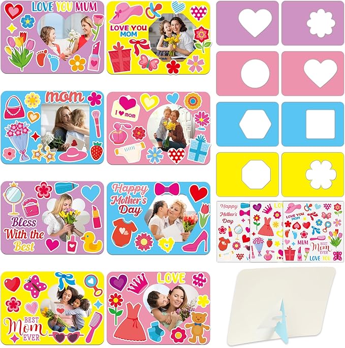Qyeahkj 40 Sets Mother's Day Picture Frame Craft Kit for Kids DIY Best Mom Ever Photo Frame Craft Set with Easel Mother's Day Flower Paper Craft Arts with Stickers for Mama Home Class Party Activity