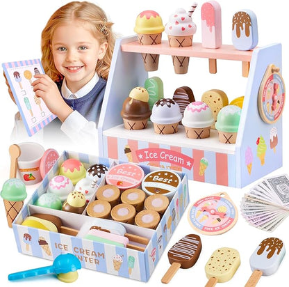Ehome Wooden Ice Cream Toys Set Pretend Play Food Store for Kids Serve Ice Cream Counter Shop Kitchen Playset with Lucky Wheel, Scoop, Menu, Fake Money for Boys and Girls Ages 3 4 5 6
