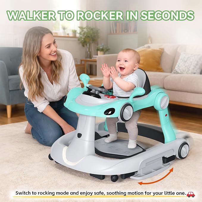 Baby Walker with Wheels, 7-in-1 Foldable Baby Walkers for Boys Girls 6-12 Months with Feeding Tray & Music, Lights,Rocker,Sun Canopy, Bouncing Pedal, Adjustable Wheel Speed, Push Walker(Green)