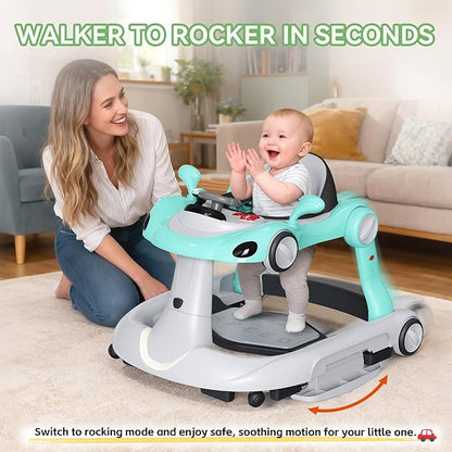 Baby Walker with Wheels, 7-in-1 Foldable Baby Walkers for Boys Girls 6-12 Months with Feeding Tray & Music, Lights,Rocker,Sun Canopy, Bouncing Pedal, Adjustable Wheel Speed, Push Walker(Green)