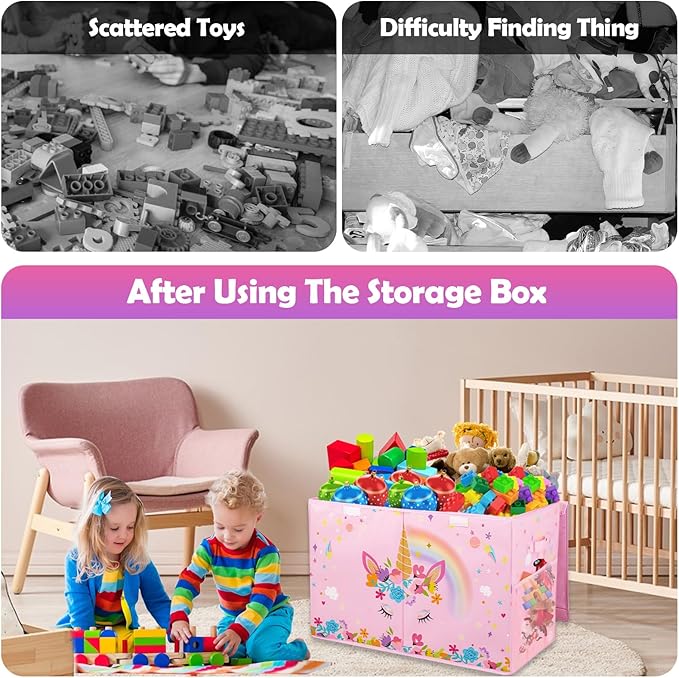 Mabahoo Large Toy Box, Collapsible Sturdy Kids Storage Organizer for Boys Girls, 25"x13"x16" Storage Box with Lids, Toy Chest Bins Basket for Living Room, Playroom, Nursery, Pink