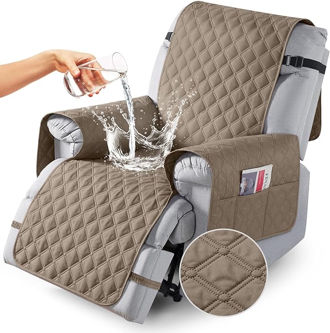 TAOCOCO 100% Waterproof Recliner Covers, Recliner Sofa Covers with Leg Straps, Reversible Recliner Couch Cover for Reclining Chair, Washable Couch Protector for Pets Kids(1 Seater 22", Khaki)