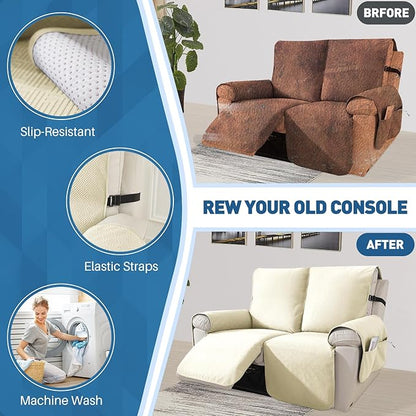 Easehomey 100% Waterproof Loveseat Recliner Cover Non-Slip Sofa Cover with Elastic Band Two Pockets, Washable Recliner Couch Cover 2 Seat Furniture Protector for Kids,Pets (Beige, Recliner Loveseat)