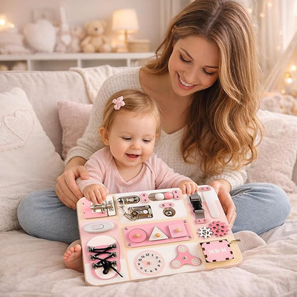 Montessori Busy Board for Baby & Toddlers 1-3 - Wooden Sensory Activity Board with 13 Activities, Real Metal Locks & Latches - Fine Motor Skills Educational Toy for 1 2 3 Year Old - Travel Friendly