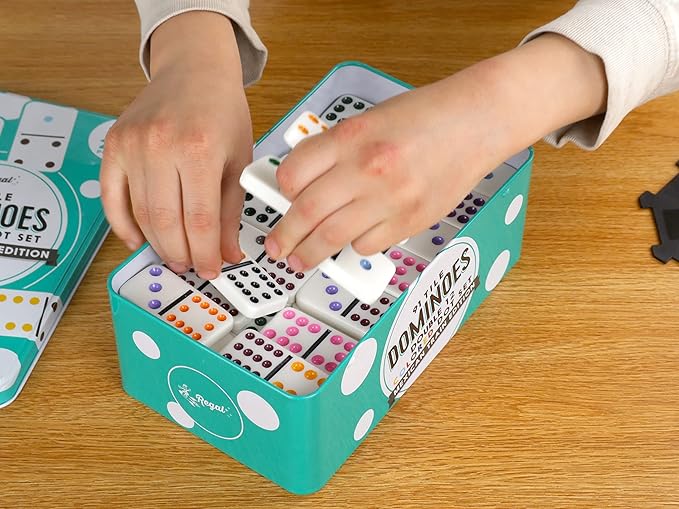 Regal Games Double 12 Mexican Train Dominoes Set with 91 Colored Domino Tiles, 4 Trains, Hub & Collector's Tin – for 2-8 Players, Ages 8+ – Perfect for Family Game Night, Kids & Adults