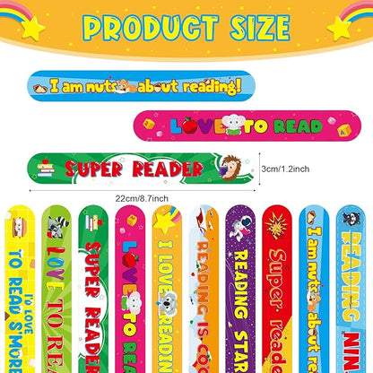 Frienda 60 Pcs Love to Read Slap Bracelets with Button Pins Reading Bracelets Badges for Classroom Teacher Rewards Prize Sunday School Party Gifts