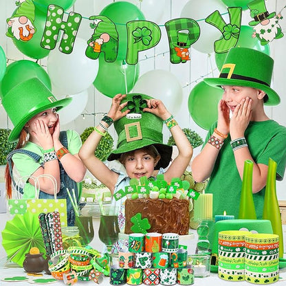 JUNEBRUSHS 50Pcs St Patricks Day Party Favors Slap Bracelets Rubber Bracelets, Assorted Silicone Wristbands Snap Bracelets for Kids St Patricks Day Classroom Gifts St Patricks Day Goodie Bag Stuffers