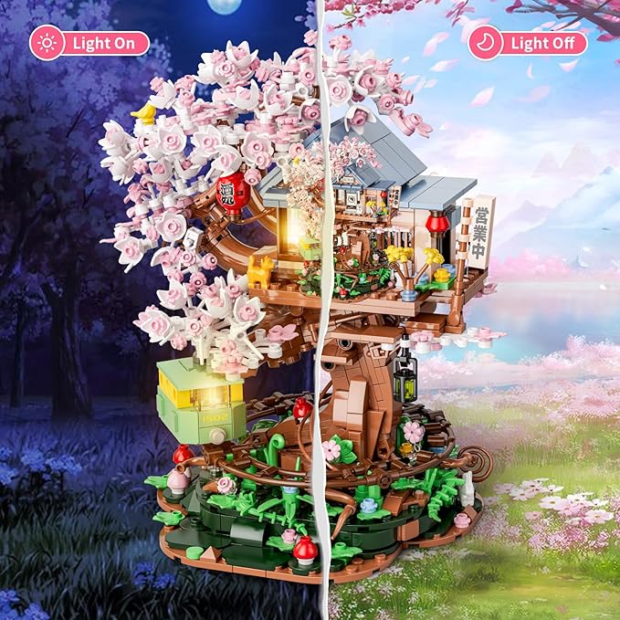 Cherry Blossom Treehouse Building Set for Girls 8-12, Compatible with Lego Friends, Flowers House Japanese Izakaya Shop Architecture Building Blocks with Light for Adults, Gift Toy for Kids (1098 PCS)