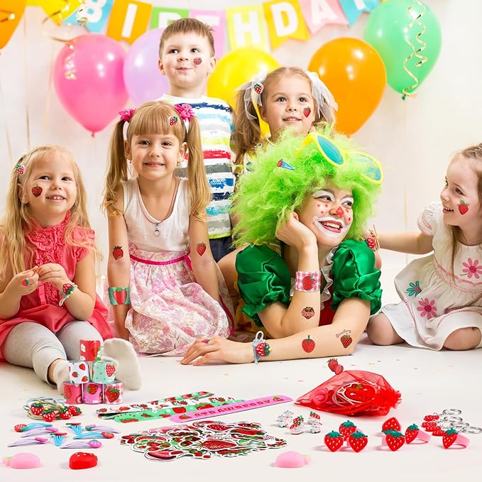 Blosssound 170 Pcs Strawberry Party Favors Set Strawberry Pendant Necklace Hair Rope Gripping Clips Bracelets Keychains Pinch Ball Stickers for Girls Baby Shower Birthday Party Decorations Supplies
