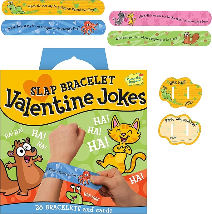Peaceable Kingdom Valentines Cards for Kids Classroom, Set of 28 Valentines Day Gifts - Jokes Slap Bracelets