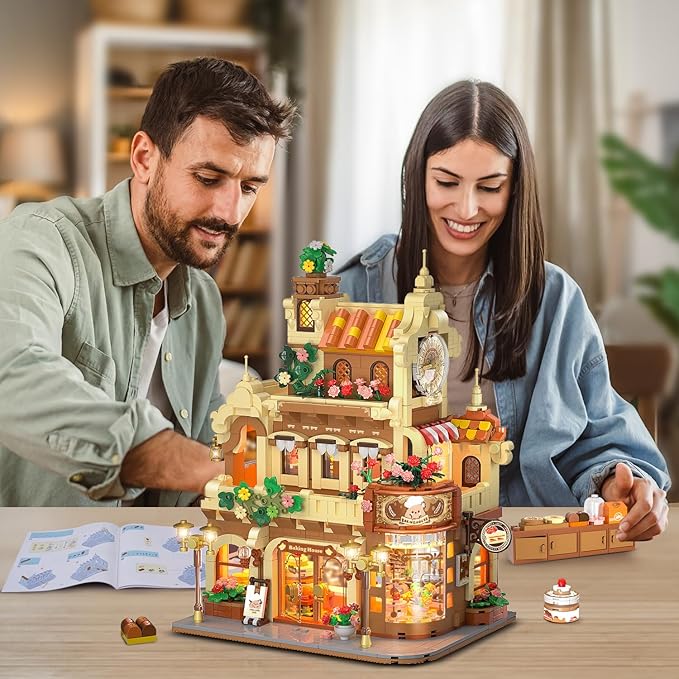 City Bakery Cafe House Building Set with Light, 1289 PCS Baking Shop Building Block Toy with Coffee Cake Bread Bakery Room, Pastry Construction Model for Adults Teens Kids Boys Girls Ages 8-12+