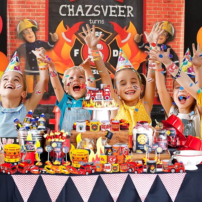 Lorfancy 98 Pcs Firefighter Party Favors Supplies Kids Firefighter Slap Bracelets Rubber Silicone Wristbands Fire Truck Stickers Toddler Fireman Party Supplies Goodie Bag Fillers Gifts for 3 4 5 6 7 8