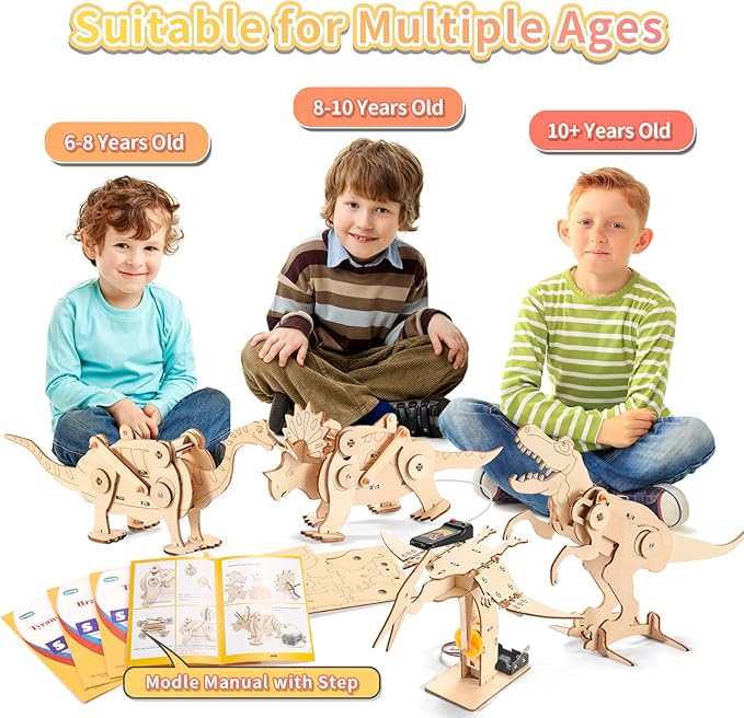 Dinosaur STEM Kits for Kids Ages 8-10-12, 4 in 1 Wood Building Toys for Boys Age 8-12, Build It Yourself Woodworking Kit, DIY 3D Wooden Puzzles Model Science Crafts for Kids, Stem Projects