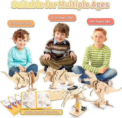 Dinosaur STEM Kits for Kids Ages 8-10-12, 4 in 1 Wood Building Toys for Boys Age 8-12, Build It Yourself Woodworking Kit, DIY 3D Wooden Puzzles Model Science Crafts for Kids, Stem Projects
